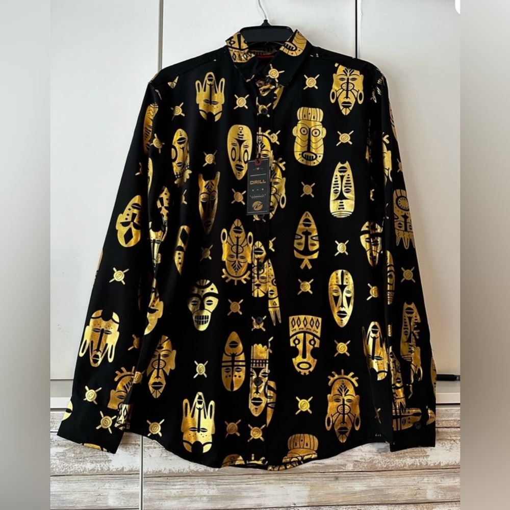 🎭 NWT Drill Clothing Black Gold Tribal Mask Print Button Shirt Small